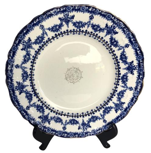 VINTAGE JOHN HADDOCK & SONS BLUE AND WHITE PLATE: VINTAGE JOHN HADDOCK & SONS BLUE AND WHITE PLATE -9.75"-Features goldtone foil embellishments