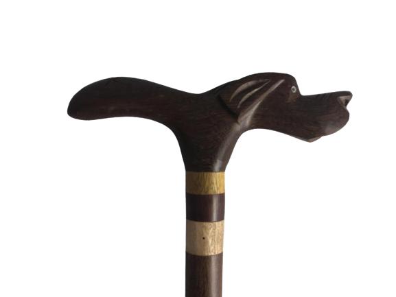 VINTAGE WOODEN CANE WITH DOG HEAD HANDLE 33" LONG (1 of 7)