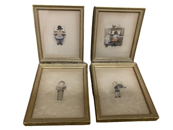 SET OF 4 ANTIQUE "SCHOOL CHILDREN" WATERCOLORS (1 of 6)