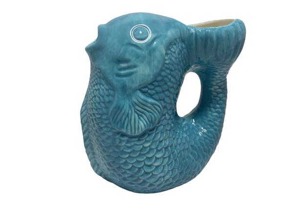 UNIQUE BLUE EMBOSSED FISH PITCHER 7.5" TALL (1 of 8)