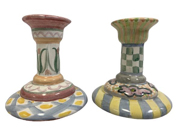 VINTAGE MACKENZIE CHILDS CANDLE HOLDERS 4.5": VINTAGE MACKENZIE CHILDS CANDLE HOLDERS -4.5" H X 4" D -VERY GOOD CONDITION
