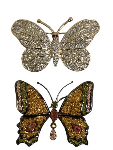 JAY STRONGWATER STYLE JEWELED BUTTERFLY BROOCHES: PAIR OF JEWELED BUTTERFLY BROOCH PINS -1 MARKED STERLING 925 -1.5 X 2.5" -VERY GOOD CONDITION