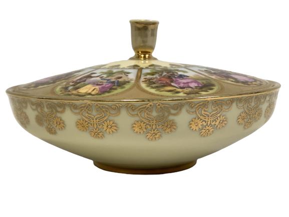 ANTIQUE JKW CARLSBAD GERMAN LIDDED BOWL 6": ANTIQUE CIRCA 1940'S JKW CARLSBAD BAVARIA WESTERN GERMANY LIDDED BOWL "LOVE STORY" -3.5" H X 6" D -EXCELLENT CONDITION