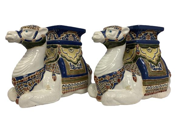 PAIR OF CERAMIC GLAZED KNEELING GARDEN CAMELS 22": PAIR OF CERAMIC GLAZED KNEELING GARDEN CAMELS 18" H X 9" W X 22" D -VERY GOOD CONDITION