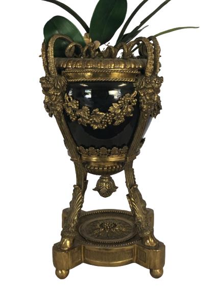 REGAL BLACK ENAMEL & GILT HOOF FOOTED URN 25": BLACK EBONY ENAMEL & GOLD GILT, HOOF FOOTED URN / GARDEN PLANTER WITH WHIMSICAL ORNAMENTATION AND GOAT HEAD HANDLES -25" H X 14" D -VERY GOOD CONDITION