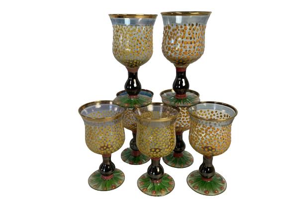 VINTAGE MACKENZIE CHILD WINE GLASSES 5.5" LOT OF 7: VINTAGE MACKENZIE CHILD WINE GLASSES 5.5" LOT OF 7-5.5" TALL, 2.75" DIAMETER-UNIQUE, HANDPAINTED-LOT OF 7