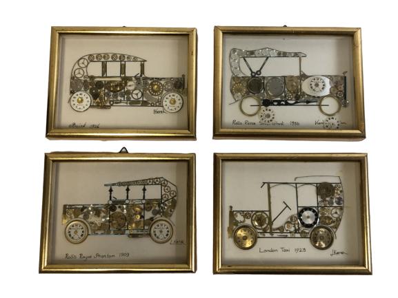 (4) L. KERSH OF LONDON HOROLOGICAL COLLAGES 9": (4) L. KERSH OF LONDON HOROLOGICAL COLLAGES -7" H X 9" W -GOOD CONDITION, SOME PARTS MAY HAVE BECOME DETACHED, EASY FIX