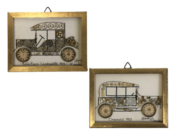 (2) L. KERSH OF LONDON HOROLOGICAL COLLAGES 6": L. KERSH OF LONDON HOROLOGICAL COLLAGES -4.5 H X 6" W -GOOD CONDITION, SOME PARTS MAY HAVE BECOME DETACHED, EASY FIX