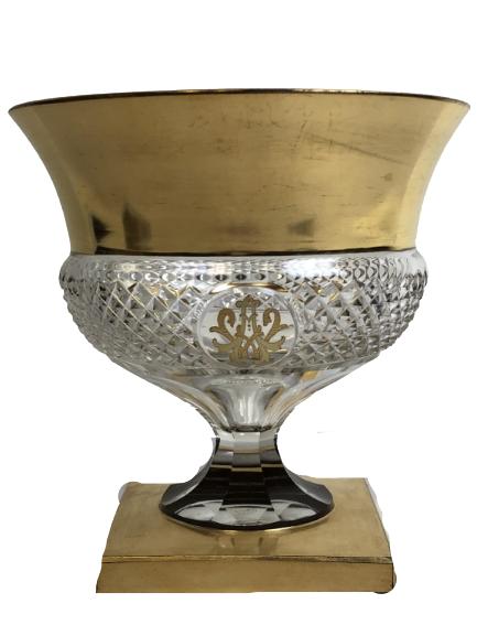 JOSEPHINEA CRYSTAL AND 24K MASON COMPOTE: JOSEPHINEA CRYSTAL AND 22K GOLD MASON FOOTED COMPOTE --7.5" H X 7" D -BOTTOM STAMPED JOSEPHINEA -VERY GOOD CONDITION