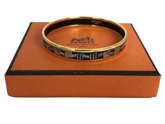 HERMES ENAMEL & STAINLESS STEEL RIBBON LOGO BANGLE (1 of 9)