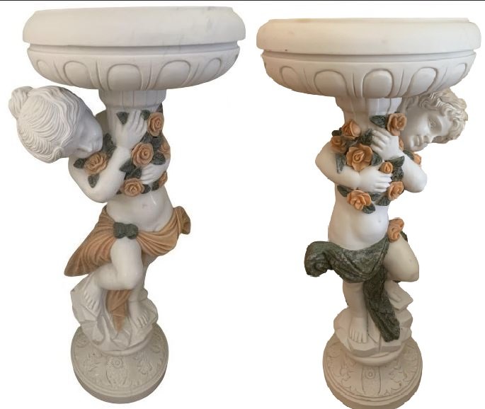 PAIR OF MARBLE BOY/GIRL CHERUB TALL PLANT STANDS 42"H (1 of 2)