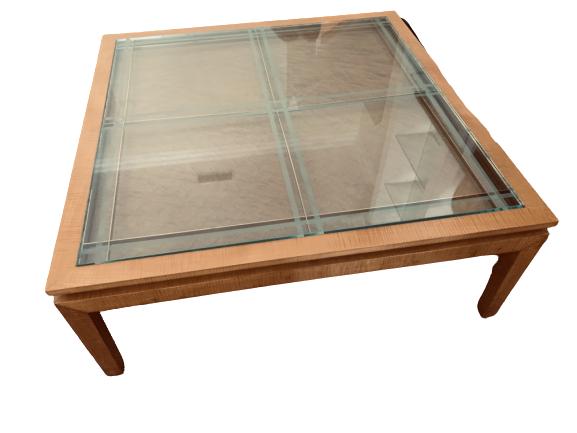 LIGHT WOOD AND GLASS COFFEE TABLE: LIGHT WOOD AND GLASS COFFEE TABLE -42L X 42W X 16H