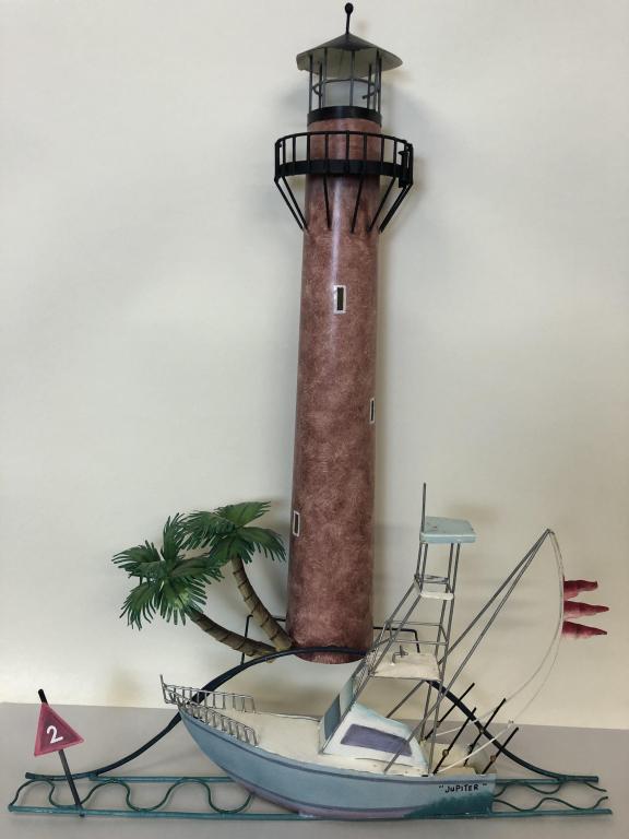 JUPITER LIGHTHOUSE & BOAT METAL WALL SCULPTURE 36": JUPITER LIGHTHOUSE AND BOAT WALL MOUNT METAL ART SCULPTURE -36"H X 27"W X 7" D -VERY GOOD CONDITION