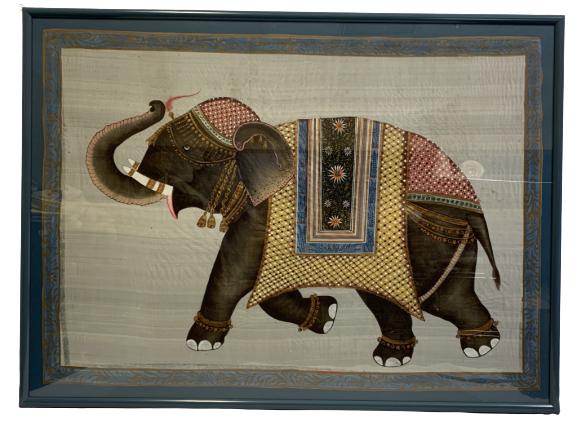 LARGE BALINESE HAND PAINTED SILK TAPESTRY 34.5": LARGE BALINESE HAND PAINTED SILK ELEPHANT TAPESTRY, FRAMED -34.5 H X 46.5 " W -VERY GOOD CONDITION CONSISTENT WITH AGE