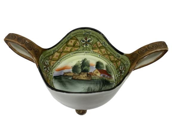 SENDAI HAND PAINTED NIPPON CERAMIC BOWL W HANDLES: SENDAI HAND PAINTED NIPPON CERAMIC BOWL W HANDLES