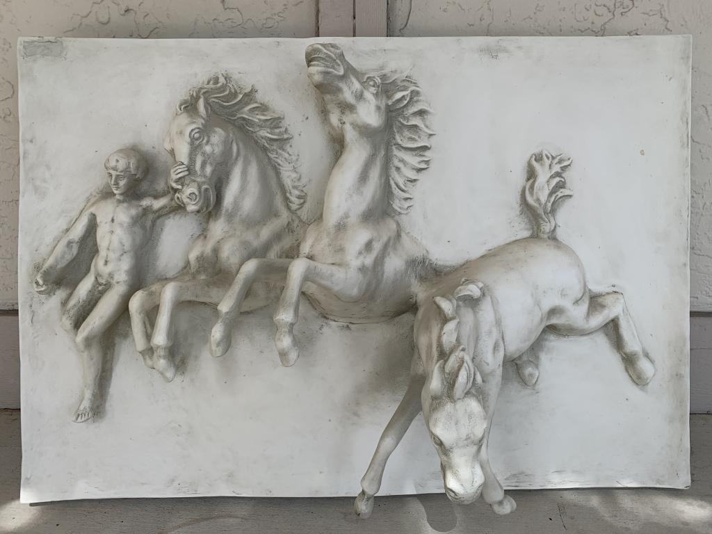 THE HORSES OF ANAHITA 3D WALL SCULPTURE: THE HORSES OF ANAHITA 3D WALL SCULPTURE - CRACK IN ONE HORSES ARM - SEE PHOTOS28 (W) x 12 (D) x 19 (H)