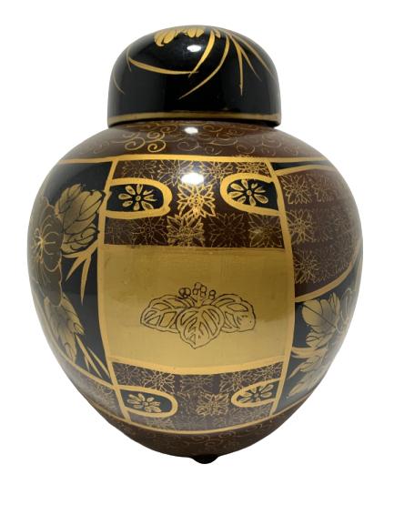 VTG GOLD PAINTED CERAMIC BROWN GINGER JAR 10.5" TALL (1 of 4)