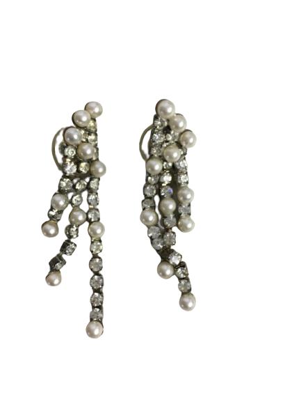 VTG RHINESTONE & FAUX PEARL 3 STRAND EARRINGS (1 of 4)