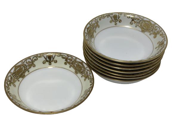 VTG NIPPON HAND PAINTED GOLD PORCELAIN BOWLS: VTG NIPPON HAND PAINTED GOLD PORCELAIN BOWLS - SET OF 8- SOME WEAR - SEE PHOTOS