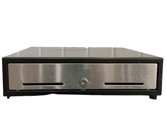 SILVER AND BLACK CASH BOX: SILVER AND BLACK CASH BOX - NO KEY- 16.5" X 16"