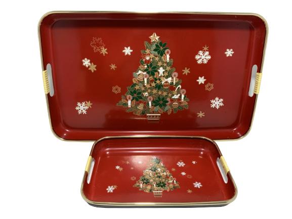VTG CHRISTMAS TREE THEMED SERVING TRAYS SET OF TWO (1 of 4)
