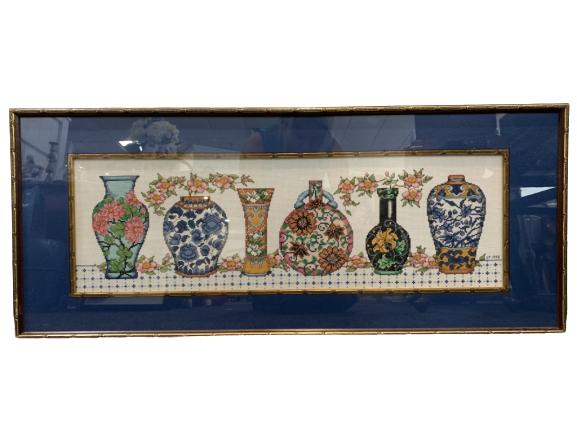 VTG TEXTURED GOLD FRAME TAPESTRY VASES ARTWORK (1 of 5)