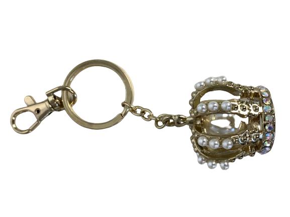 VTG GOLD KEYCHAIN W/PEARLED CROWN FOB 4.5" (1 of 4)