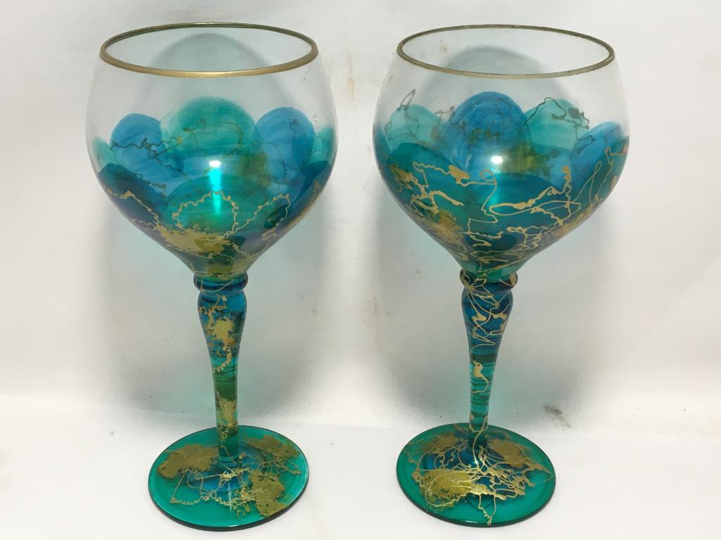 VTG ROYAL DANUBE TEAL & GOLD CRYSTAL WINE GLASSES: VTG ROYAL DANUBE TEAL & GOLD CRYSTAL WINE GLASSES- SOME STAINS - SEE PHOTOS