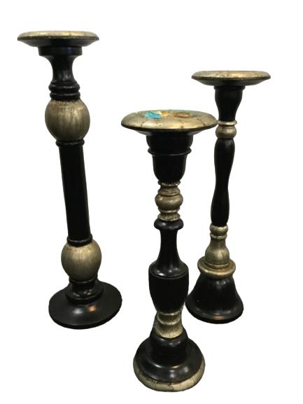VTG BLACK AND GOLD CRACKLE EFFECT CANDLE HOLDERS: VTG BLACK AND GOLD CRACKLE EFFECT CANDLE HOLDERS - GUM RESIDUE ON 1 CANDLE HOLDER - SEE PHOTOS- 23" HIGH; 20' HIGH; 18" HIGH