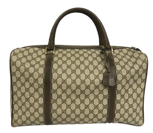 GUCCI SUPERB VINTAGE BOSTON CANVAS TRAVEL BAG: GUCCI SUPERB VINTAGE BOSTON CANVAS TRAVEL BAG -19" X 10"-Beige & Brown Supreme Coated Canvas-Brown Leather Straps-STOCK 6700