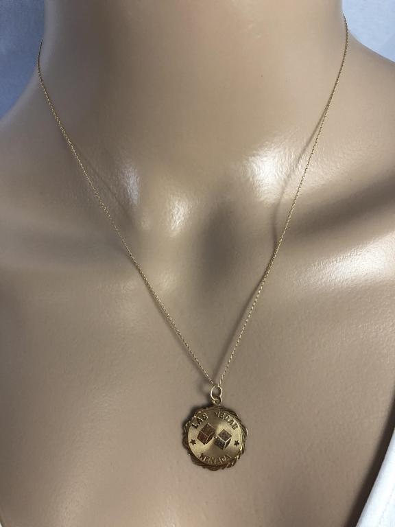 14K GOLD DELICATE NECKLACE & LAS VEGAS PENDANT: 14K GOLD DELICATE NECKLACE & LAS VEGAS PENDANT -STAMPED 14K-1.3 GRAMS