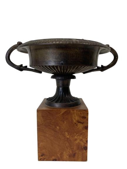 GREEK STYLE MOUNTED TROPHY CUP ON WOOD BASE 7": GREEK STYLE MOUNTED TROPHY CUP ON WOOD BASE -7" X 7.5" X 6"-VERY GOOD CONDITION
