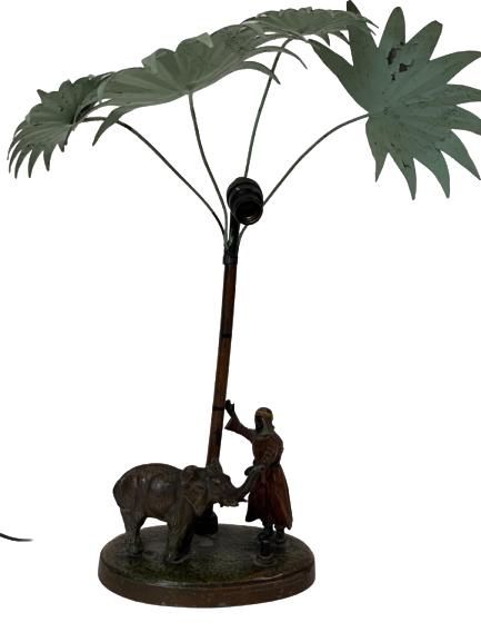 FRANZ BERGMAN BRONZE PALM TREE ELEPHANT LAMP 14": -RARE MIDCENTURY FRANZ BERGMAN (AUSTRIA) COLD PAINTED BRONZE PALM TREE ELEPHANT LAMP-14" X 13" X 5"-VERY GOOD CONDITION, SOME LOOSENESS TO PALM