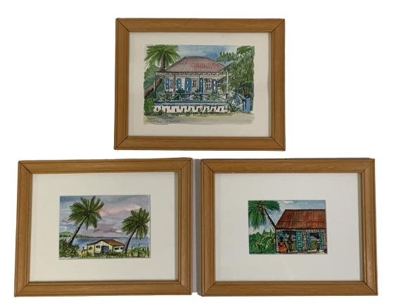 SET OF 3 MARIE BOUVET OG WATERCOLOR LANDSCAPE 8.5": SET OF 3 FRAMED MARIE BOUVET ORIGINAL WATERCOLOR LANDSCAPE AND ARCHITECTURE OF ST. MARTIN, ST. CROIX, VIRGIN ISLANDS, CARIBBEAN ISLANDS-8.5" X 10.5"-VERY GOOD CONDITION, SEE PHOTOS