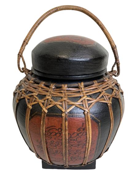 ASIAN STYLE LIDDED VESSEL WITH BAMBOO HANDLES 12" (1 of 7)