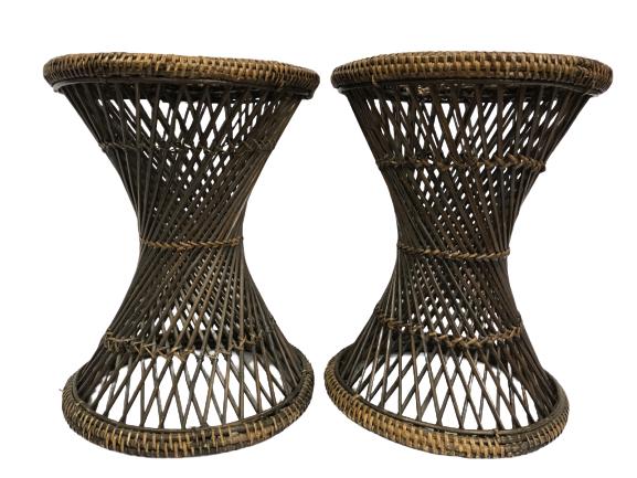 VTG PAIR OF BROWN WOVEN WICKER SIDE TABLES 18" (1 of 4)