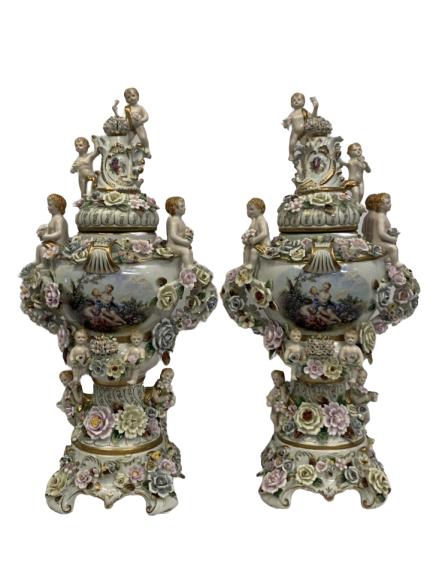 PAIR OF BEAUTIFUL CAPODIMONTE STYLE URNS 28" (1 of 10)