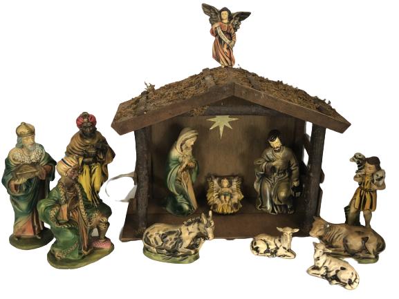 VTG CLAY NATIVITY SCENE IN LIT WOODEN CRECHE: VTG CLAY NATIVITY SCENE IN LIT WOODEN CRECHE - CRECHE IS 21 X 15.5 X 7.5- 12 INDIVIDUAL PIECES- PLAYS "SILENT NIGHT"- COW HAS CHIPPED EAR -SEE PHOTO
