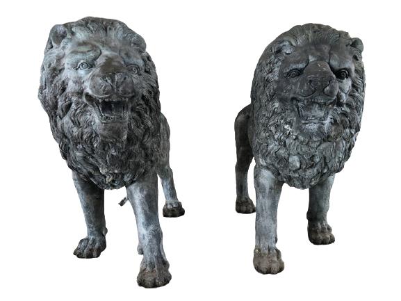 PAIR LIFESIZE BRONZE STANDING LION SCULPTURES 3' (1 of 12)