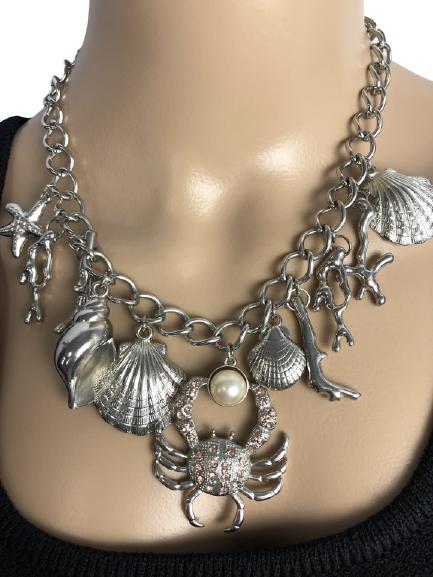 VTG SILVER SEA-THEMED CHARM NECKLACE 12" LONG (1 of 8)