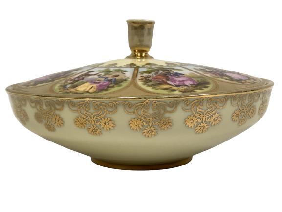 ANTIQUE JKW CARLSBAD GERMAN LIDDED BOWL 6": ANTIQUE CIRCA 1940'S JKW CARLSBAD BAVARIA WESTERN GERMANY LIDDED BOWL "LOVE STORY" -3.5" H X 6" D -EXCELLENT CONDITION
