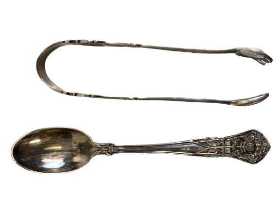 ANTIQUE STERLING SILVER SUGAR TONG AND SPOON . (1 of 4)