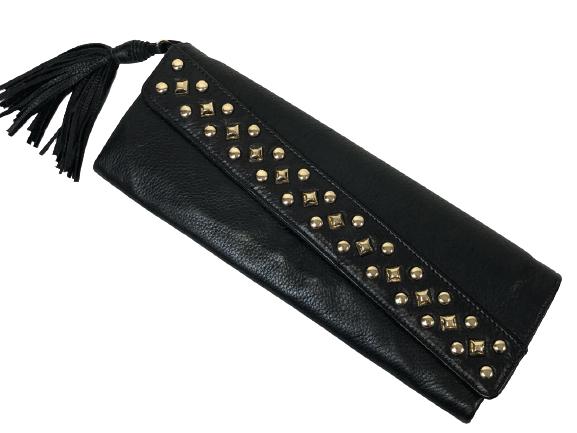 Zina Eva Black Leather Clutch Purse W Gold Studs