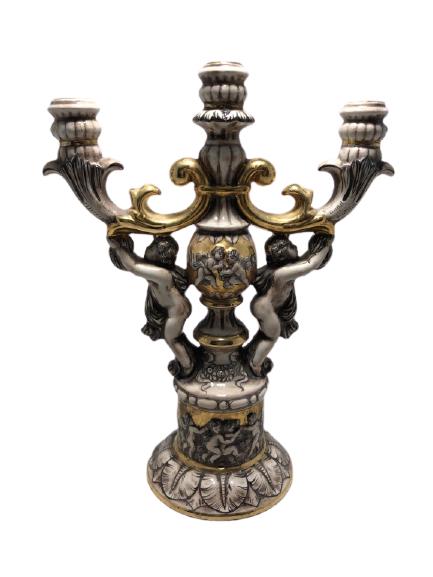 VINTAGE CAPODIMONTE CHERUB CANDLEABRA 13.5": VINTAGE CAPODIMONTE CHERUB CANDLEABRA W/ GOLD ACCENTS -13.5" X 10.5"