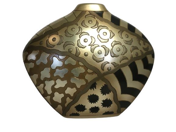 BRONZE & GOLD EXOTIC PATTERN CERAMIC VASE 14" WIDE (1 of 5)