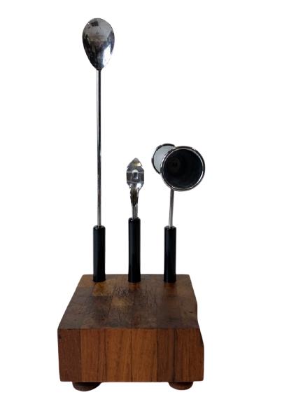 VINTAGE MODERN BAR TOOLS ON TEAK WOOD BASE: VINTAGE MODERN BAR TOOLS ( SPOON, JIGGER MEASURING TOOL, BOTTLE OPENER) ON TEAK BASE-SEE PHOTOS FOR CONDITION