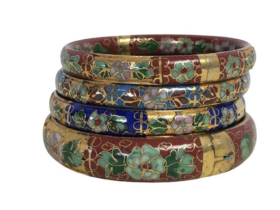 VTG 4 GOLD & ENAMEL FLORAL HINGED CLASP BANGLES (1 of 5)
