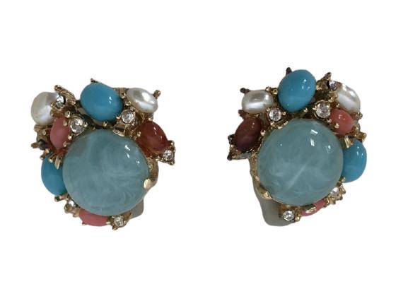 VTG CINER GOLD & MULTI STONE CLIP ON EARRINGS 1" (1 of 4)