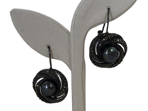 VTG STERLING SILVER & GREY PEARL PIERCED EARRINGS (1 of 5)