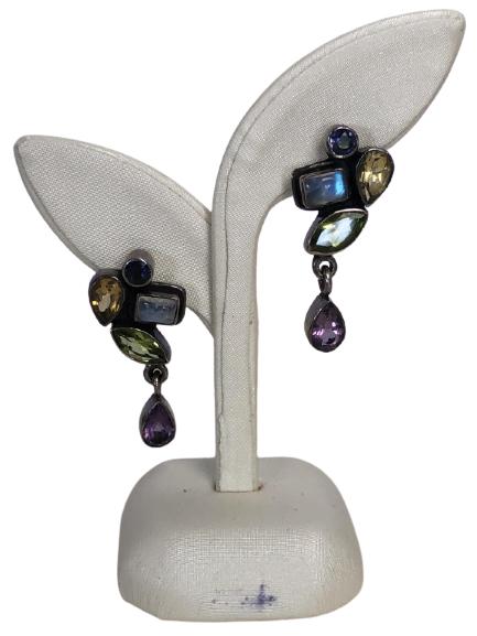 VTG STERLING SILVER & MULTI STONE PIERCED EARRINGS (1 of 4)